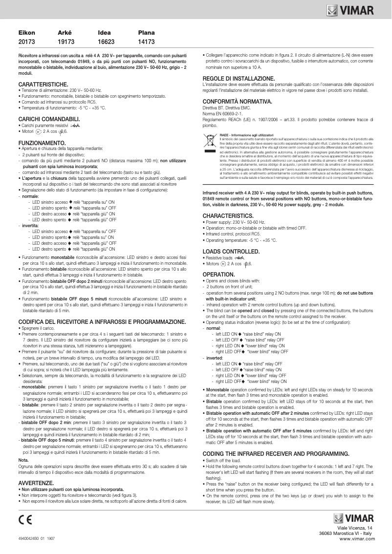 Page 1 de la notice Manuel utilisateur Vimar 20173