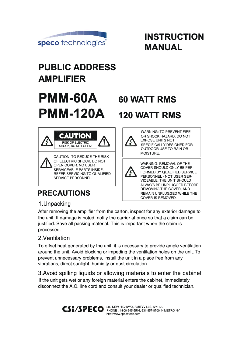 Page 1 de la notice Manuel utilisateur Speco Technologies PMM-120A
