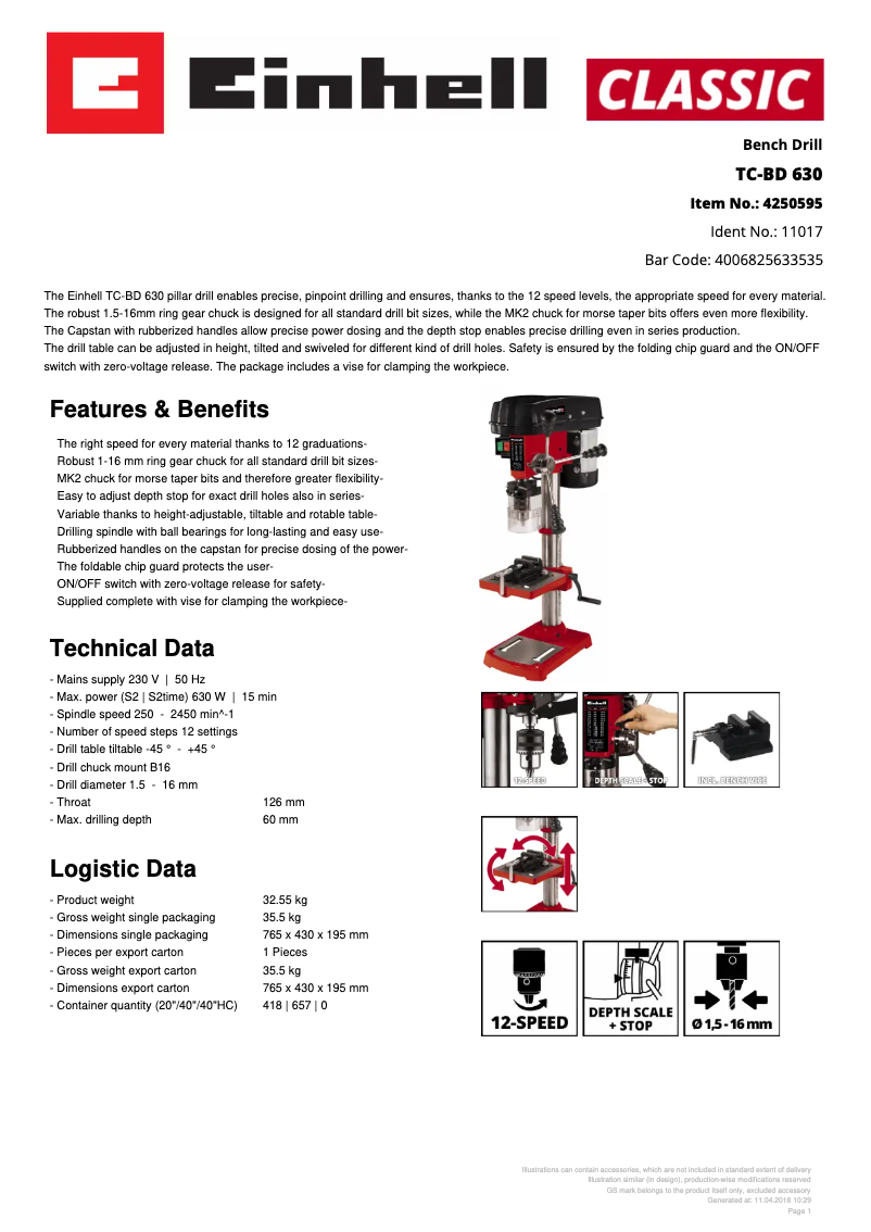 Page n°1 - Fiche technique Einhell TC-BD 630