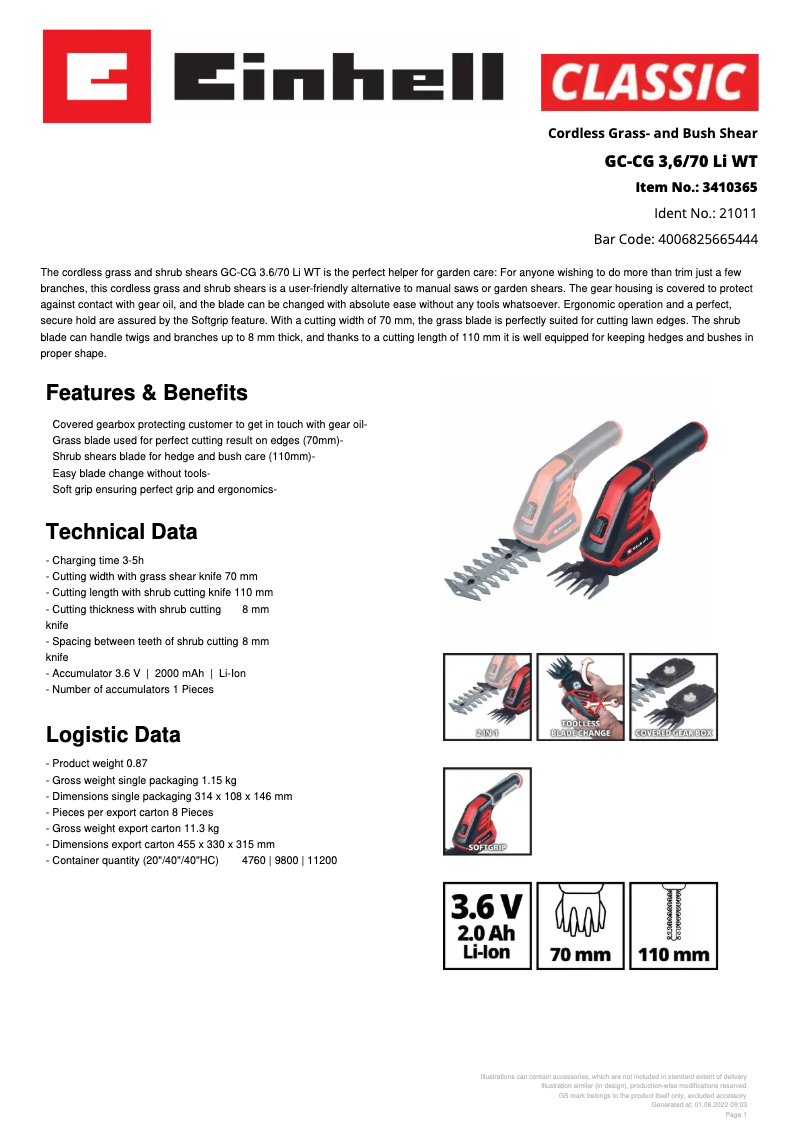 Page 1 de la notice Fiche technique Einhell GC-CG 3,6/70 Li WT