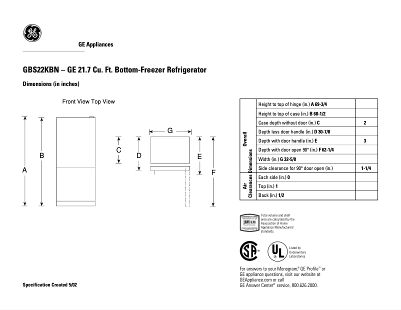 Page 1 de la notice Fiche technique GE GBS22KBNCC