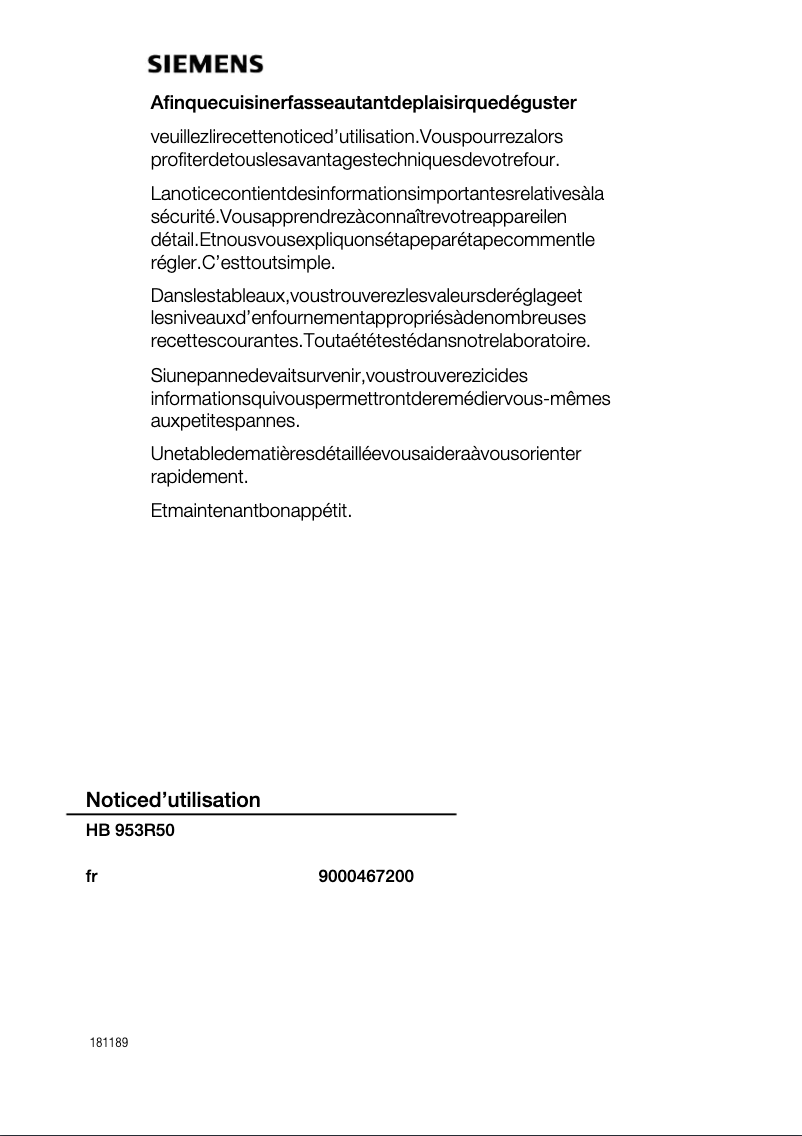 Page 1 de la notice Manuel utilisateur Siemens HB953R50
