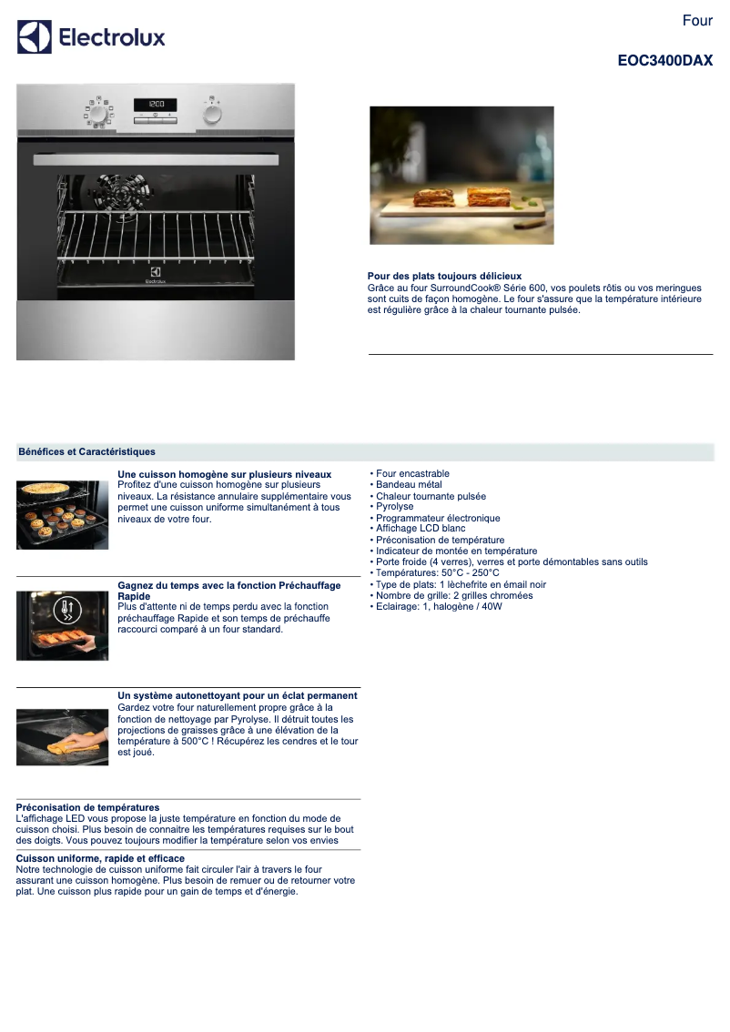 Page 1 de la notice Fiche technique Electrolux EOC3400DAX