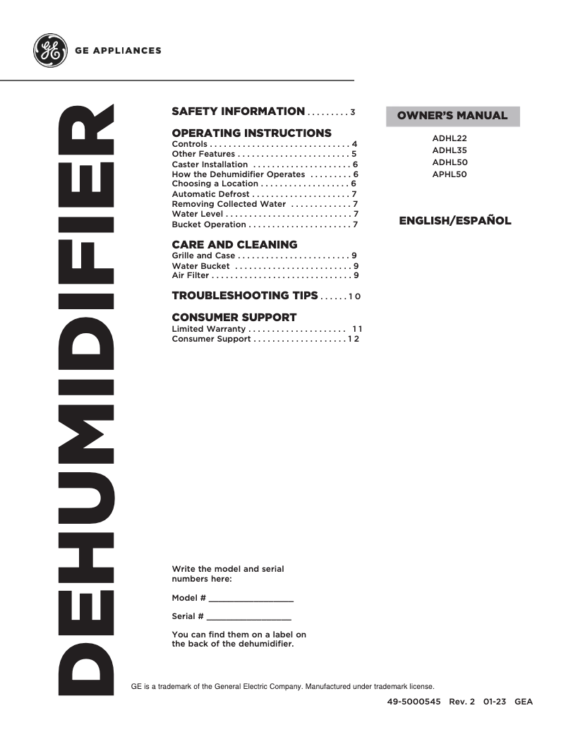 Página 1 del manual Guía de instalación GE ADHL22LA