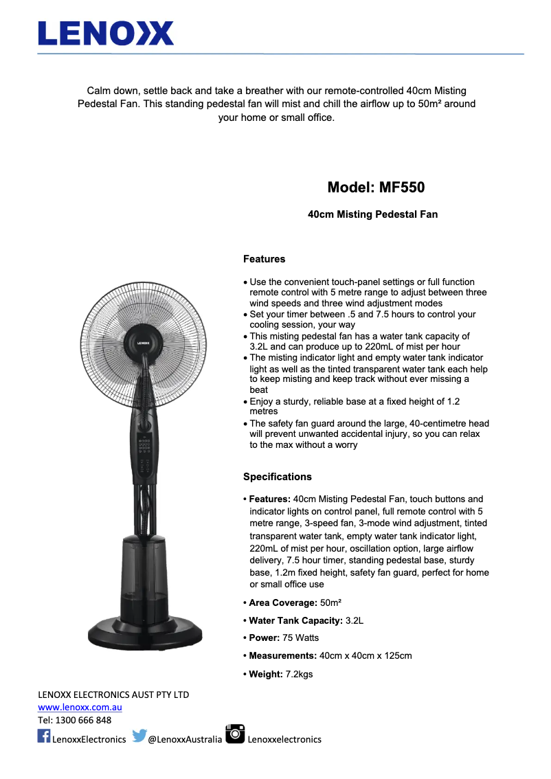Page 1 de la notice Fiche technique Lenoxx MF550