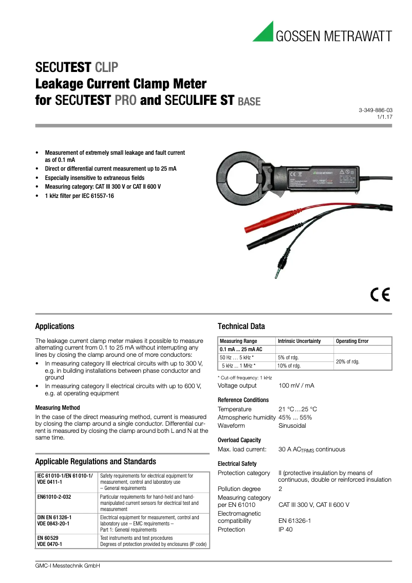Page 1 de la notice Fiche technique Gossen Metrawatt SECUTEST CLIP