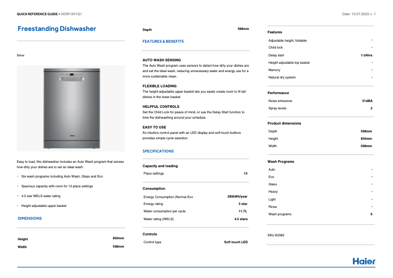 Page 1 de la notice Label énergétique Haier HDW13V1G1
