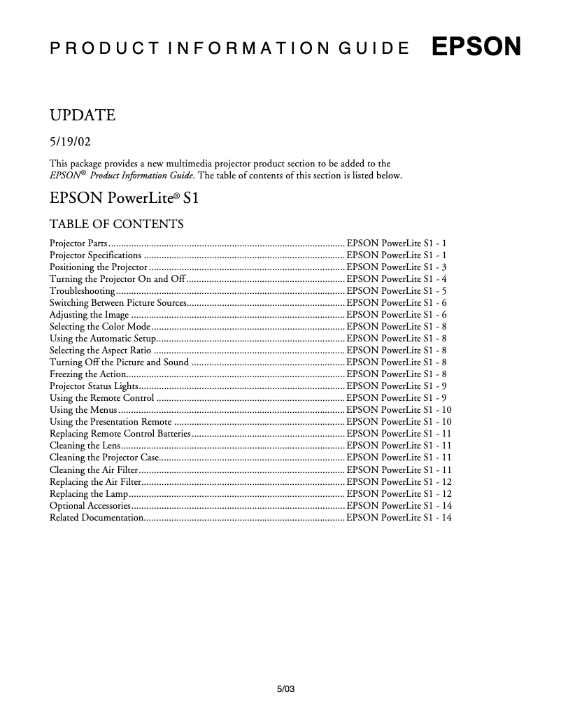 Page 1 de la notice Fiche technique Epson PowerLite S1