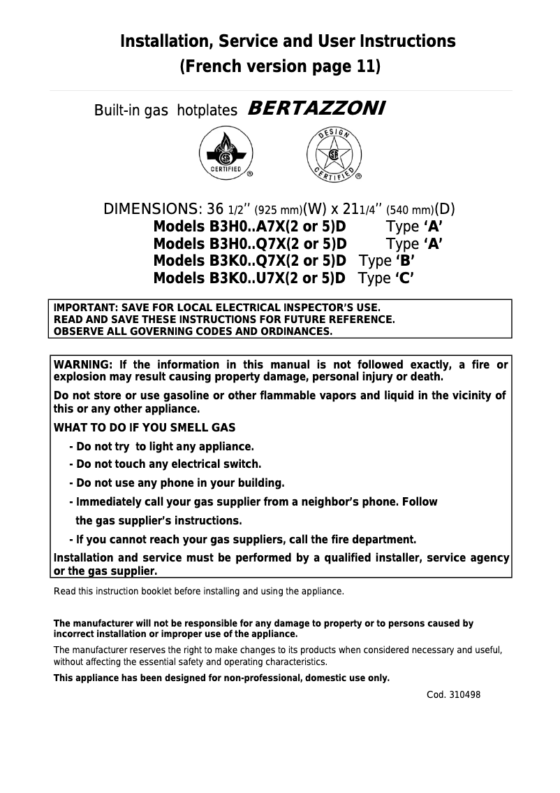 Page 1 de la notice Manuel utilisateur Bertazzoni Q36M500X