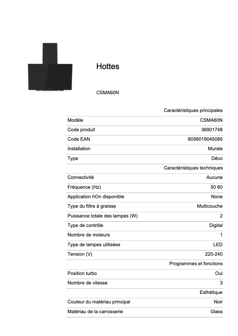Page 1 de la notice Fiche technique Candy CSMA60N