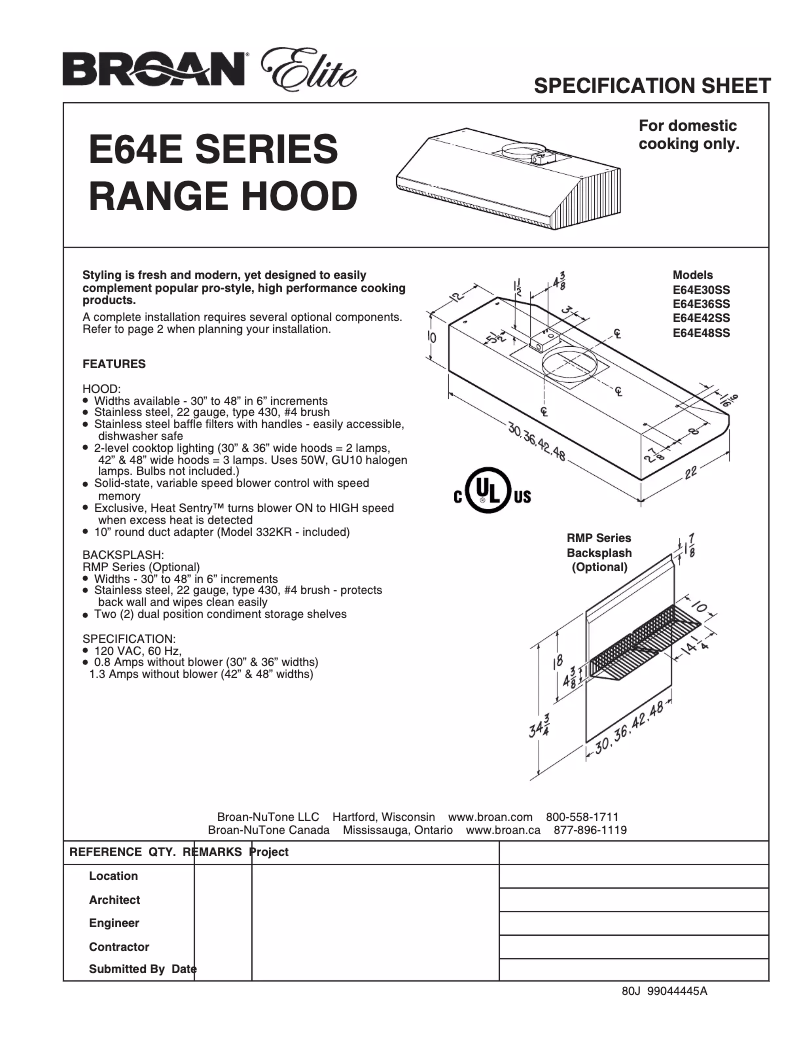 Page n°1 - Fiche technique Broan E64E48SS