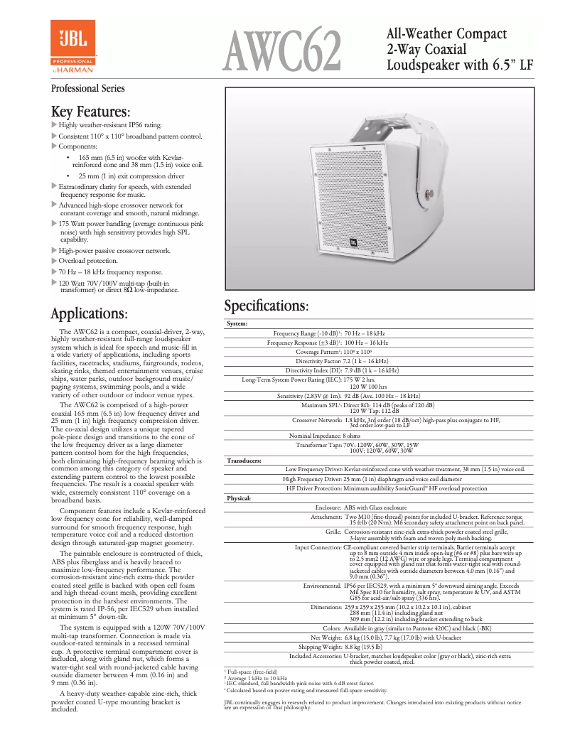 Page 1 de la notice Manuel utilisateur JBL AWC62