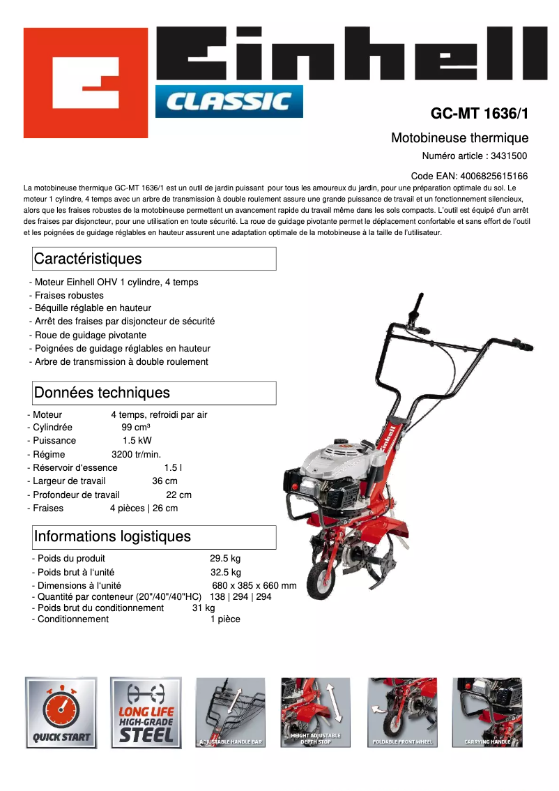 Page n°1 - Fiche technique Einhell GC-MT 1636/1