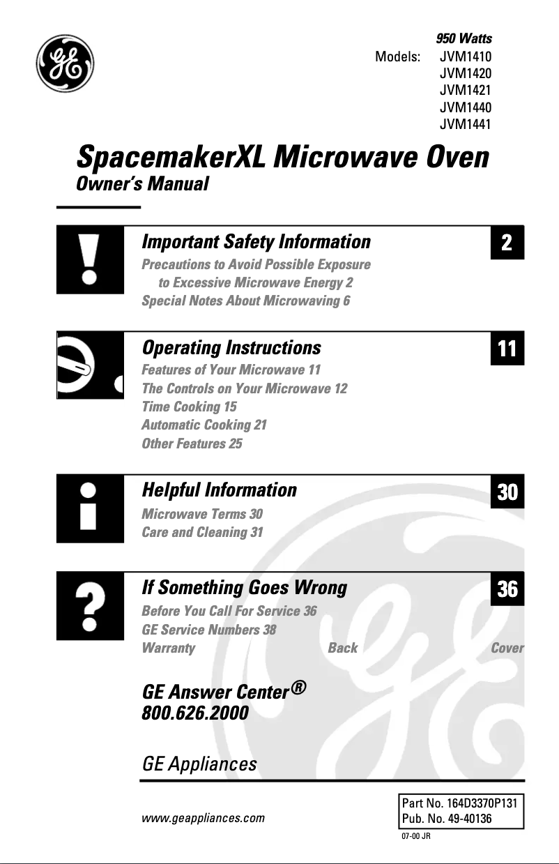Page 1 de la notice Manuel d'utilisation et d'entretien GE JVM1440WA