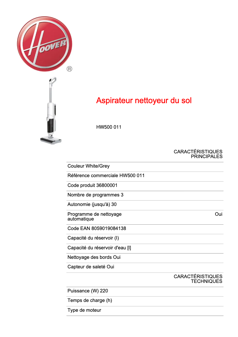 Page 1 de la notice Fiche technique Hoover Wet&Dry HW500 011