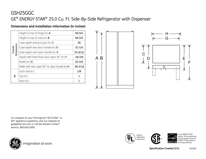 Página 1 del manual Ficha técnica GE GSH25GGCBB