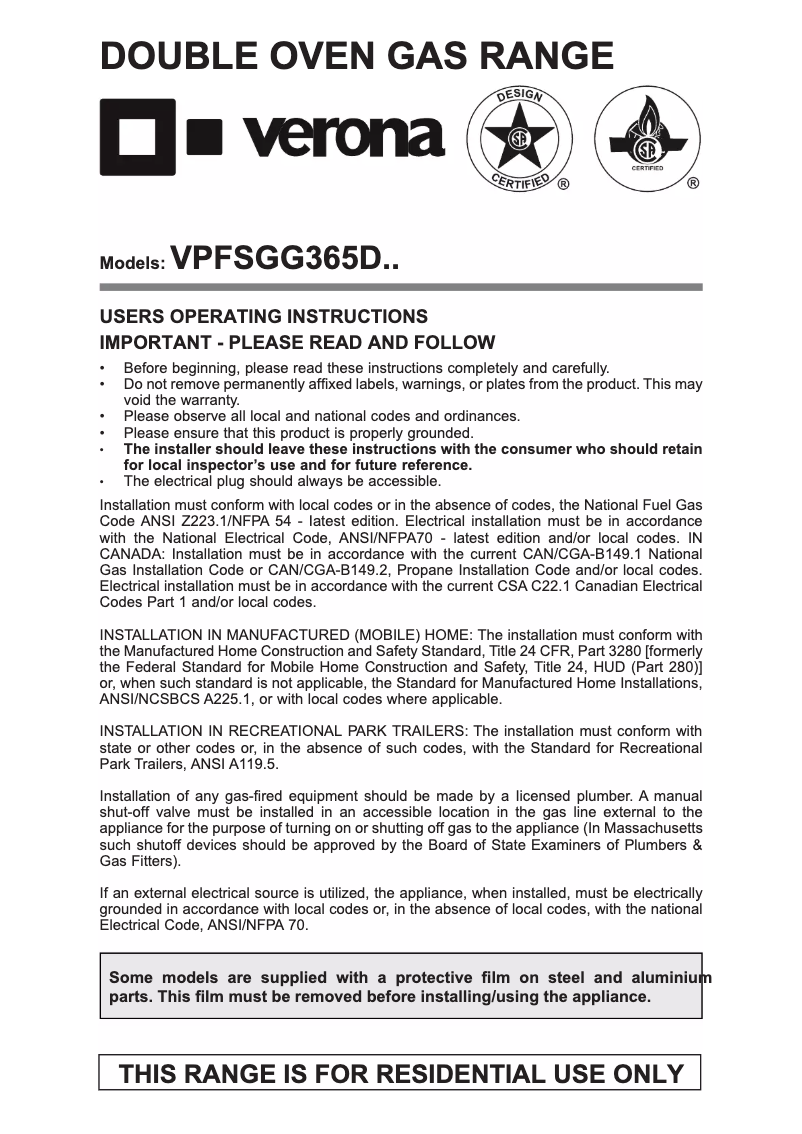 Page n°1 - Instructions / montage Verona VPFSGG365DW