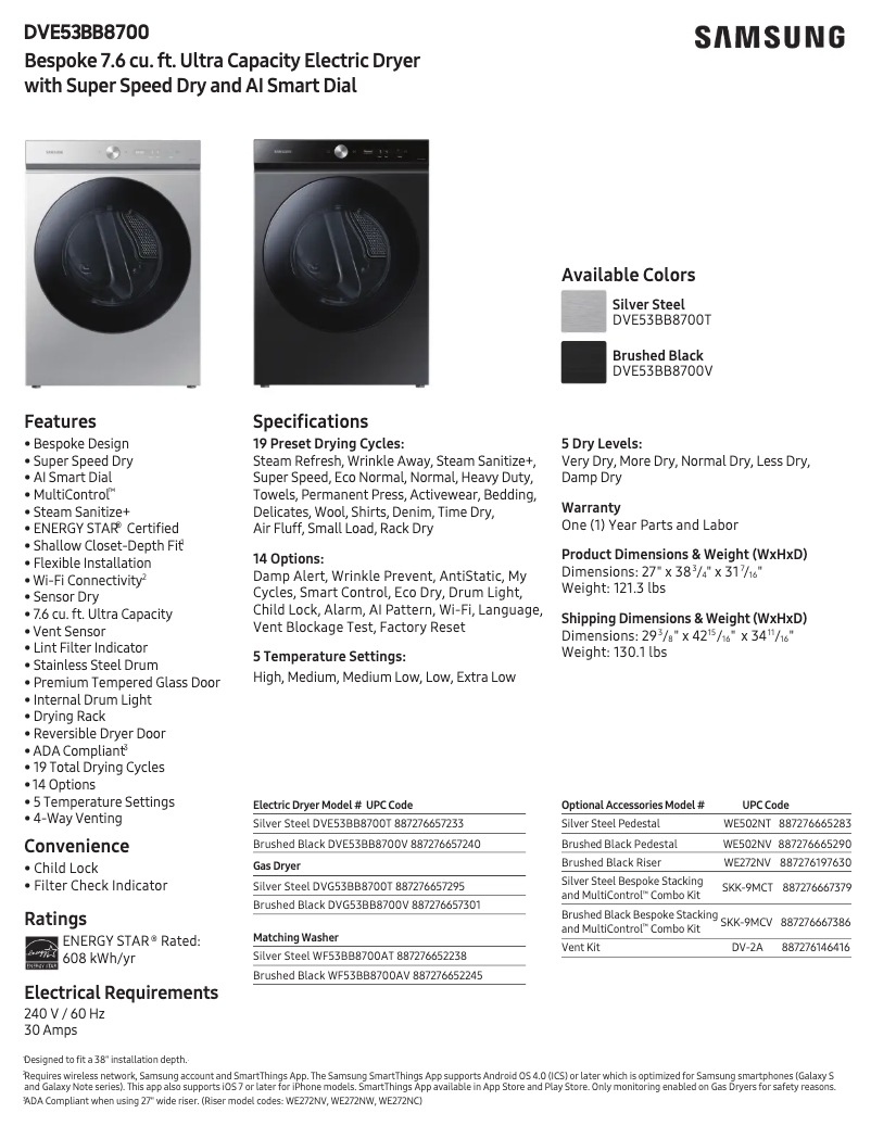 Page n°1 - Fiche technique Samsung DVE53BB8700V
