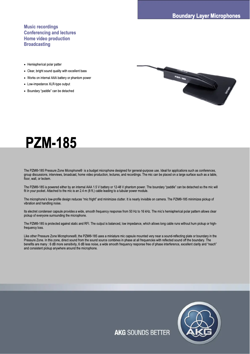 Page n°1 - Fiche technique AKG PZM-185