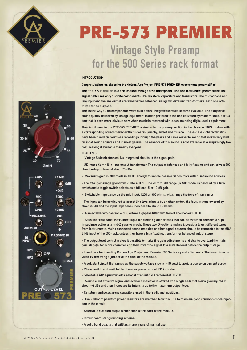 Page n°1 - Manuel utilisateur Golden Age Project PRE-573 Premier 500 Series 1073-Style Microphone Preamp