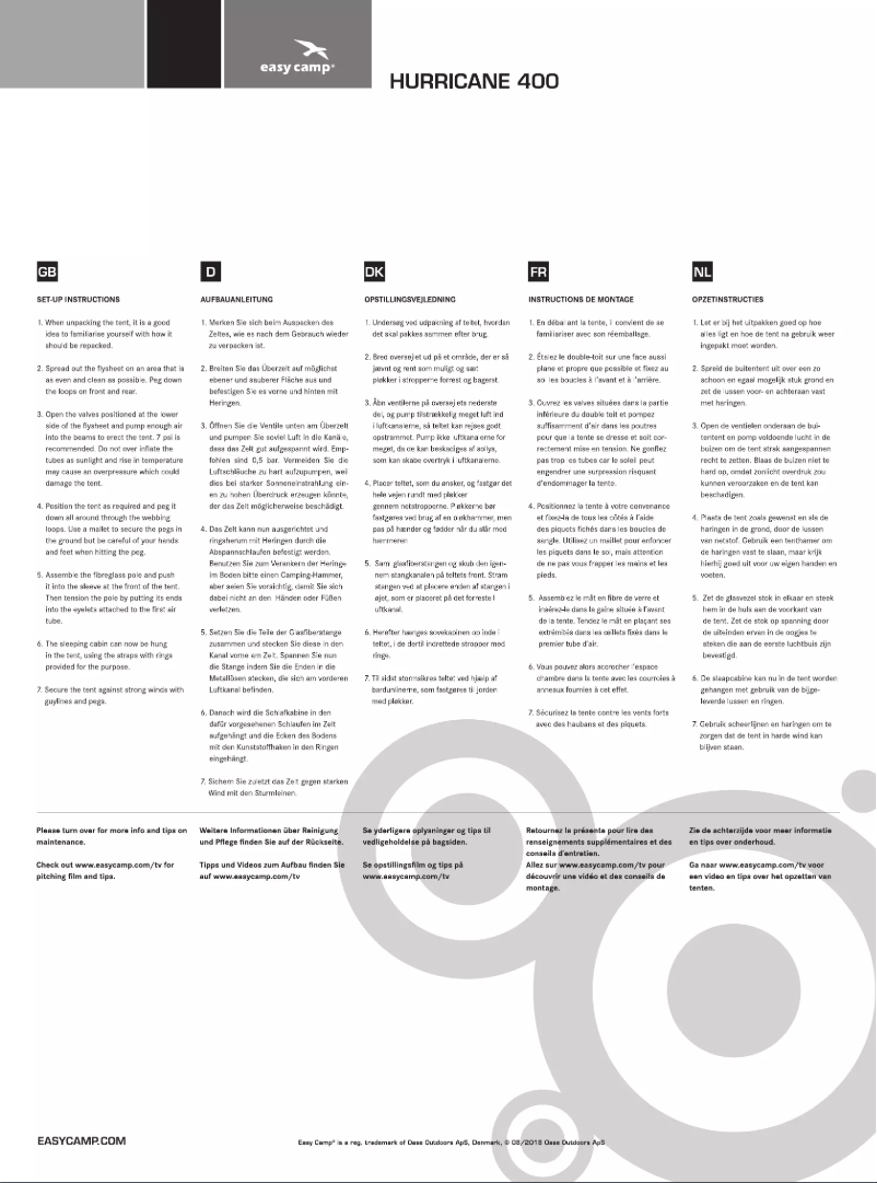 Page 1 de la notice Manuel utilisateur Easy Camp Hurricane 400