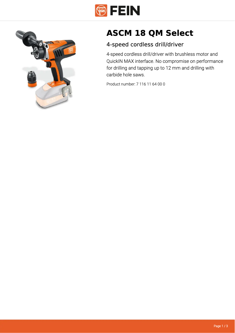 Page 1 de la notice Fiche technique Fein ASCM 18 QM Select