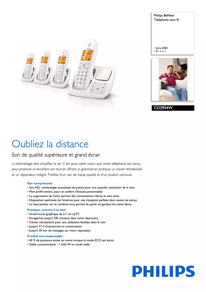 Page 1 of the manual Technical Sheet Philips BeNear CD2954W