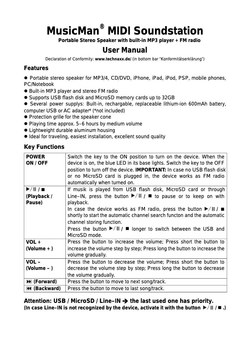 Page 1 de la notice Manuel utilisateur Technaxx MusicMan Midi