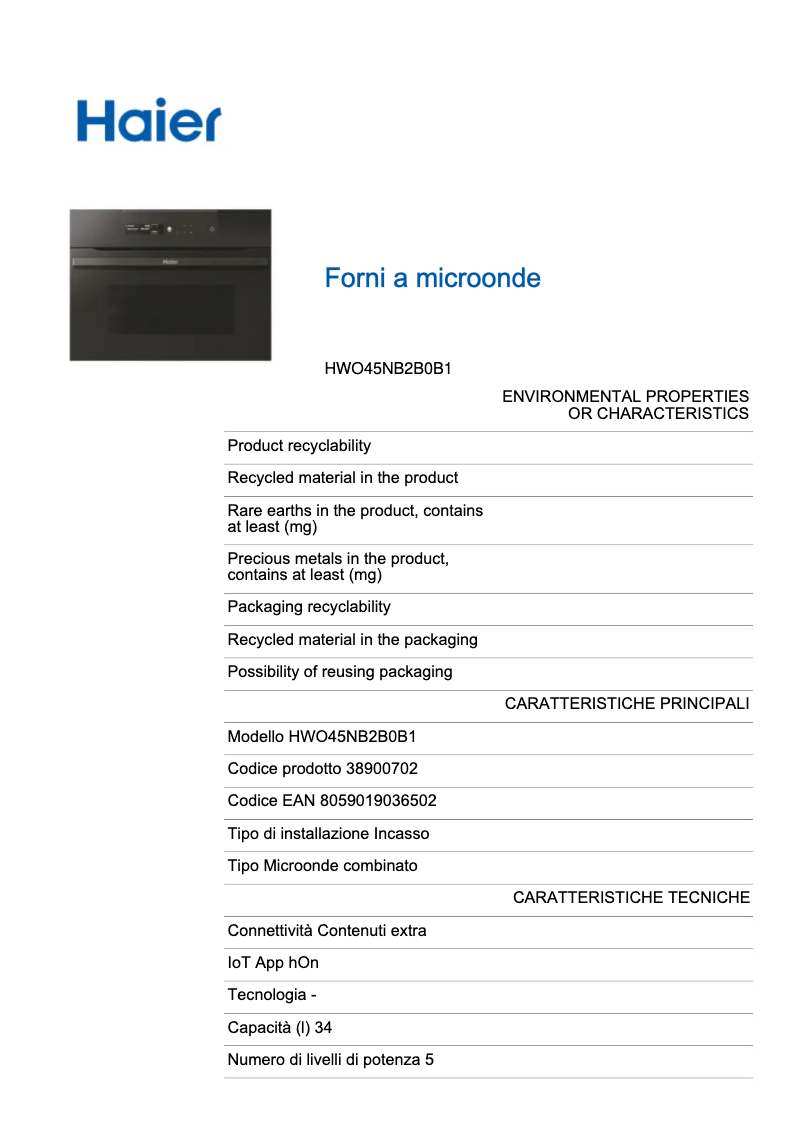 Page n°1 - Fiche technique Haier HWO45NB2B0B1