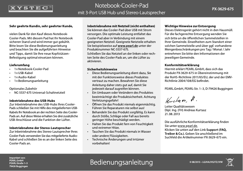 Page n°1 - Manuel utilisateur Xystec PX-3629-675