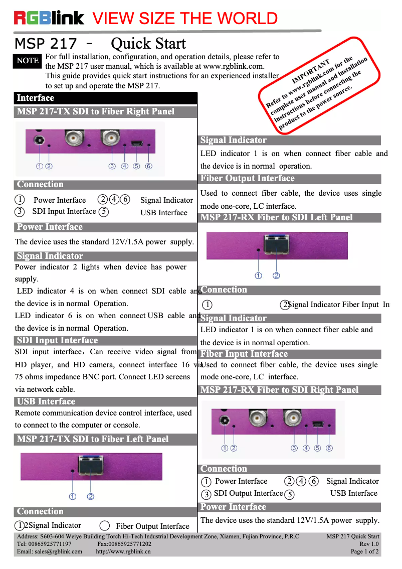 Page 1 de la notice Manuel utilisateur RGBlink MSP 217