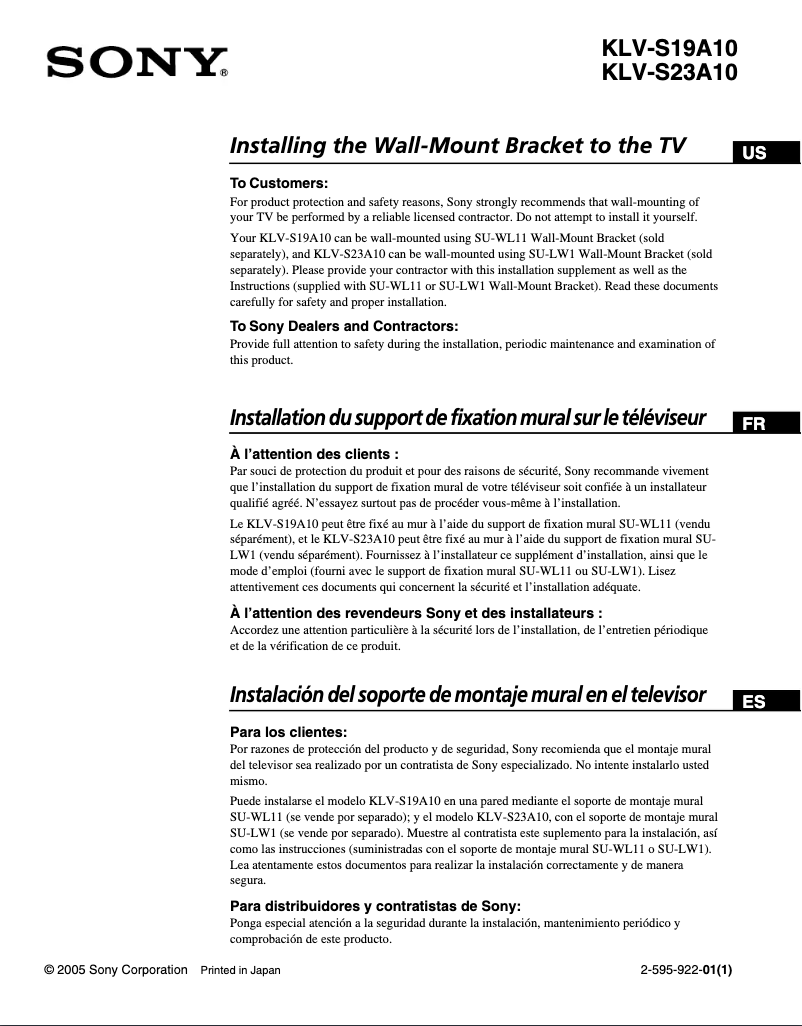 Image de la première page du manuel de l'appareil Wega KLV-S23A10