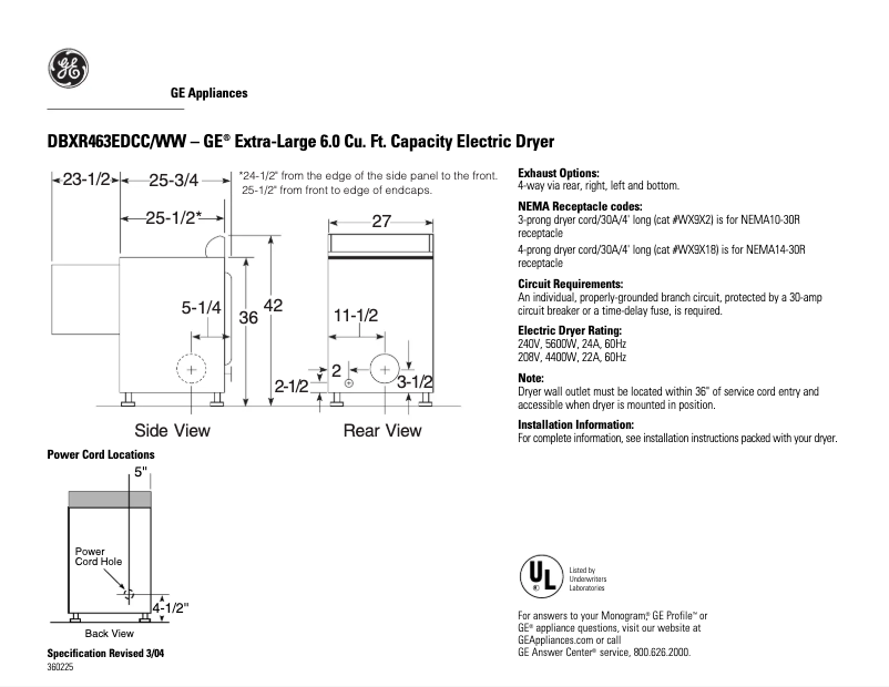 Page 1 de la notice Fiche technique GE DBXR463EDCC