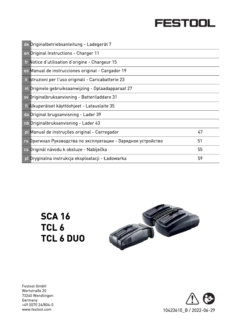 Page 1 de la notice Manuel utilisateur Festool SCA 16