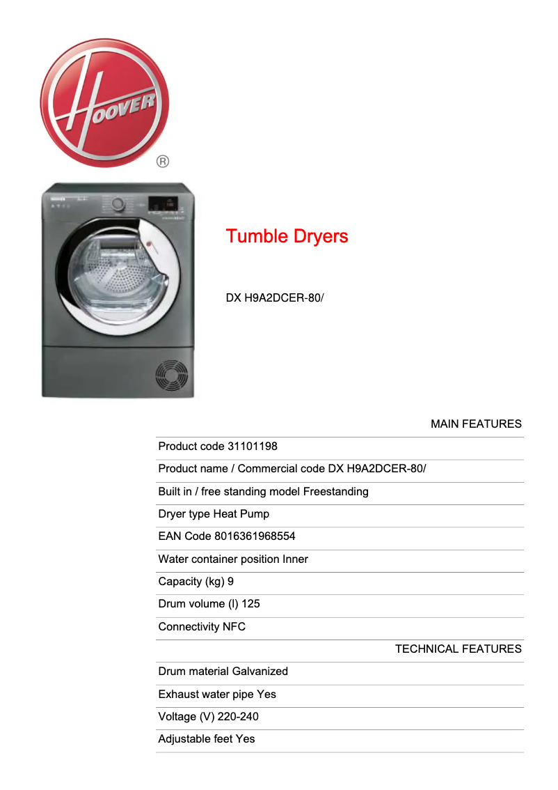 Page n°1 - Fiche technique Hoover DX H9A2DCER-80