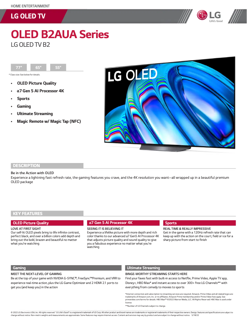Page 1 de la notice Fiche technique LG OLED65B2AUA