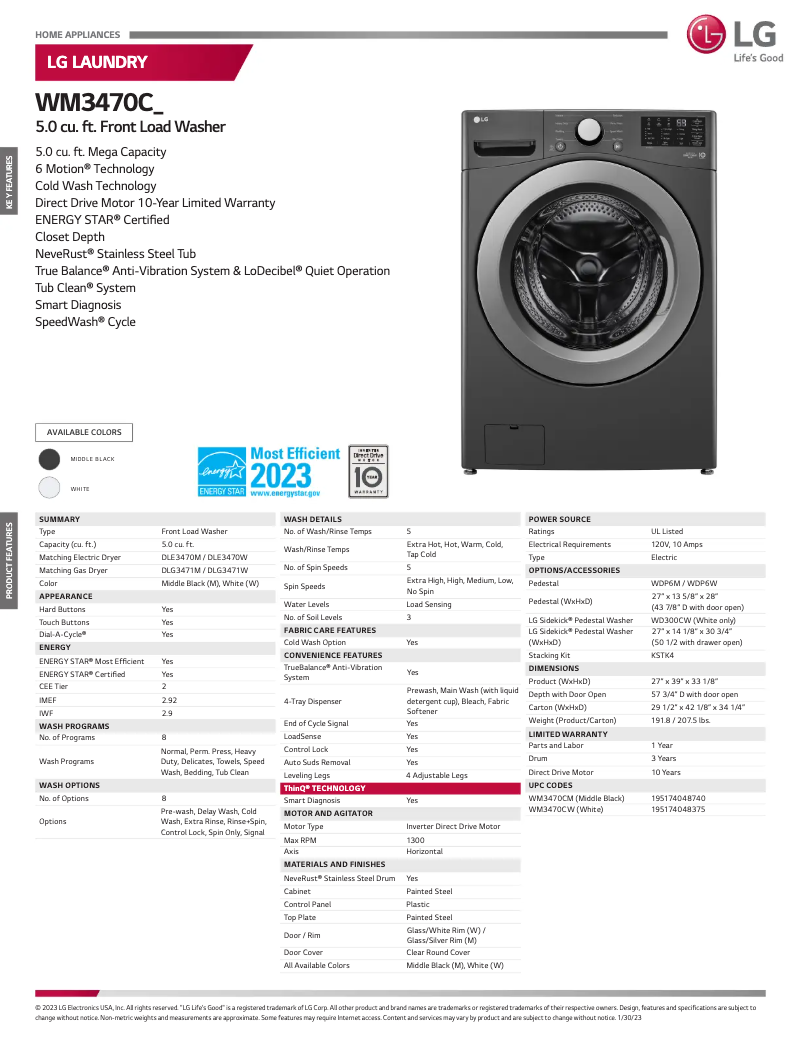 Page n°1 - Fiche technique LG WM3470CM