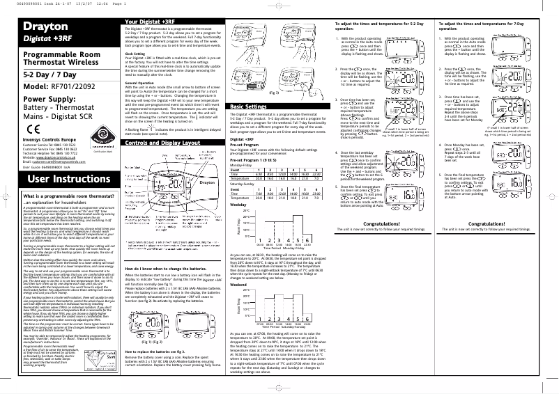 Page 1 de la notice Manuel utilisateur Drayton Digistat+3RF