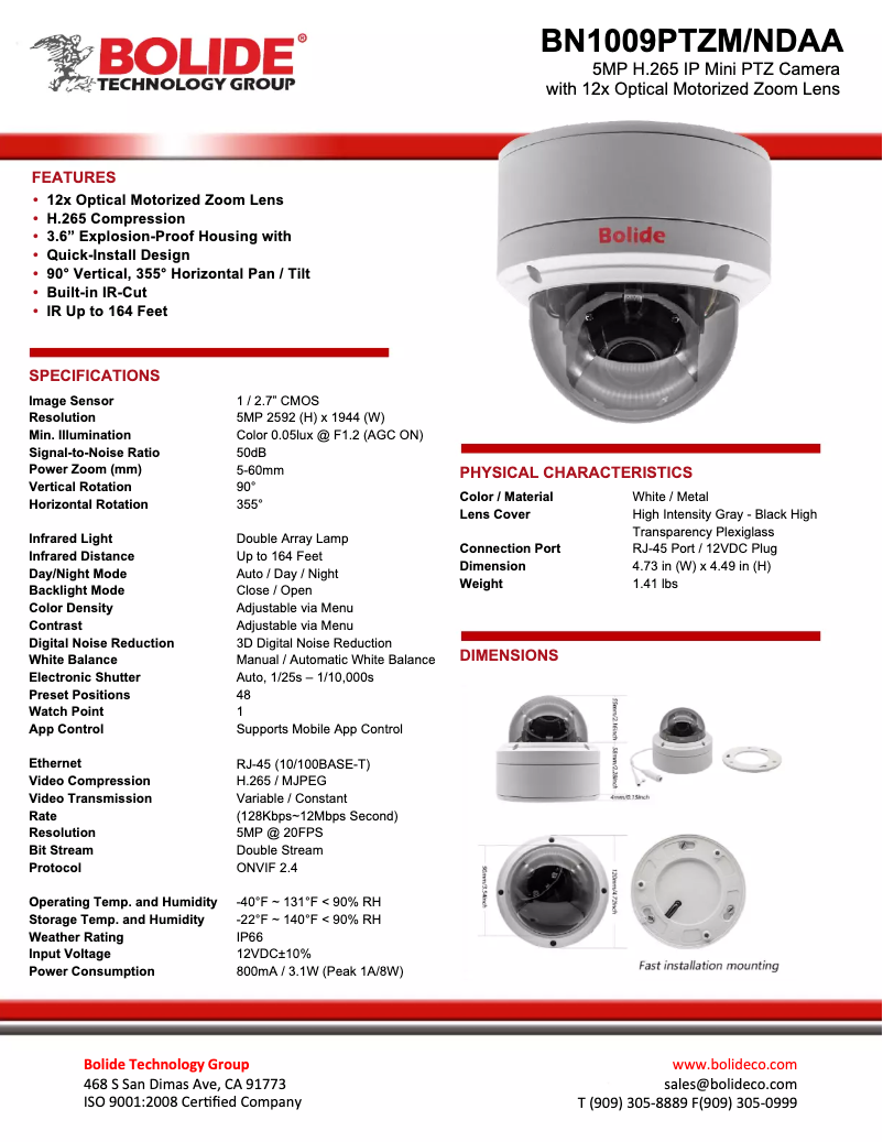 Page 1 de la notice Manuel utilisateur Bolide BN1009PTZM/NDAA