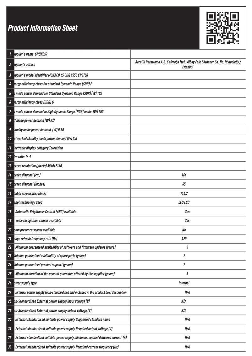 Page n°1 - Fiche technique Arçelik MONACO 65 GHQ 9550