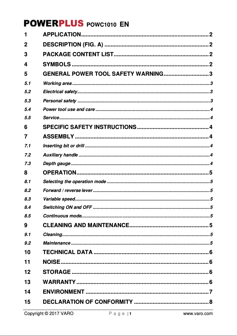 Page 1 de la notice Manuel utilisateur PowerPlus POWC1010