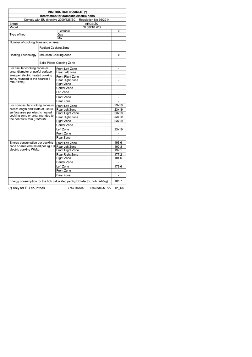 Page n°1 - Fiche technique Arçelik OI 60211 WS