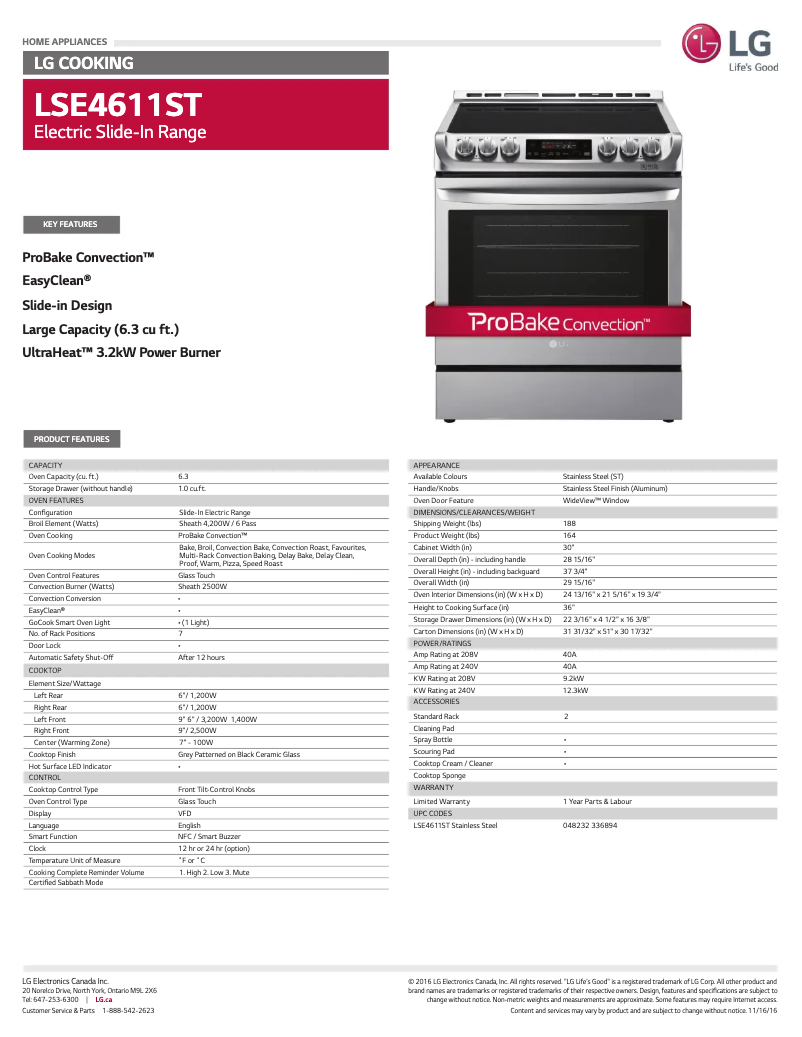 Page 1 de la notice Fiche technique LG LSE4611ST