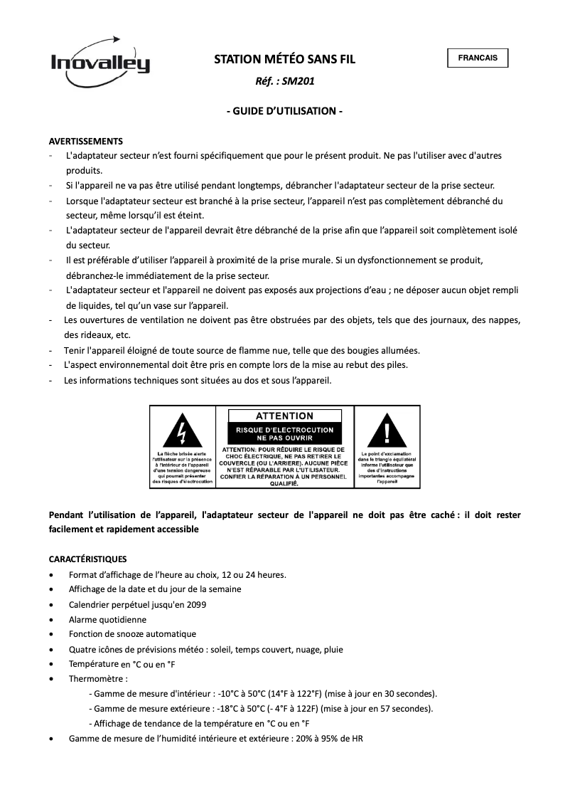 Page 1 de la notice Manuel utilisateur Inovalley SM201
