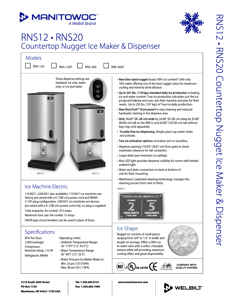 Page n°1 - Fiche technique Manitowoc RNS-20AT