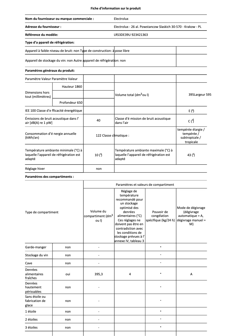 Page 1 de la notice Fiche technique Electrolux LRS3DE39U