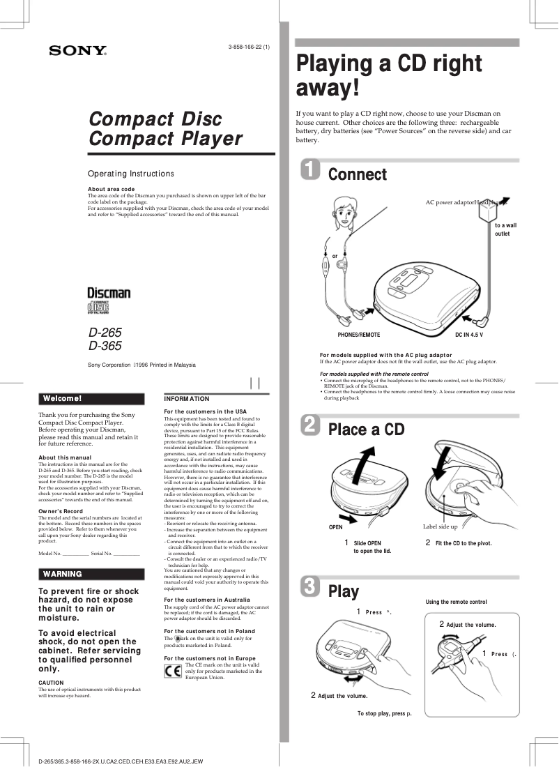 Page n°1 - Manuel utilisateur Sony D-365