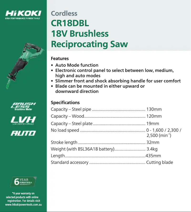 Page 1 de la notice Fiche technique HiKOKI CR18DBL