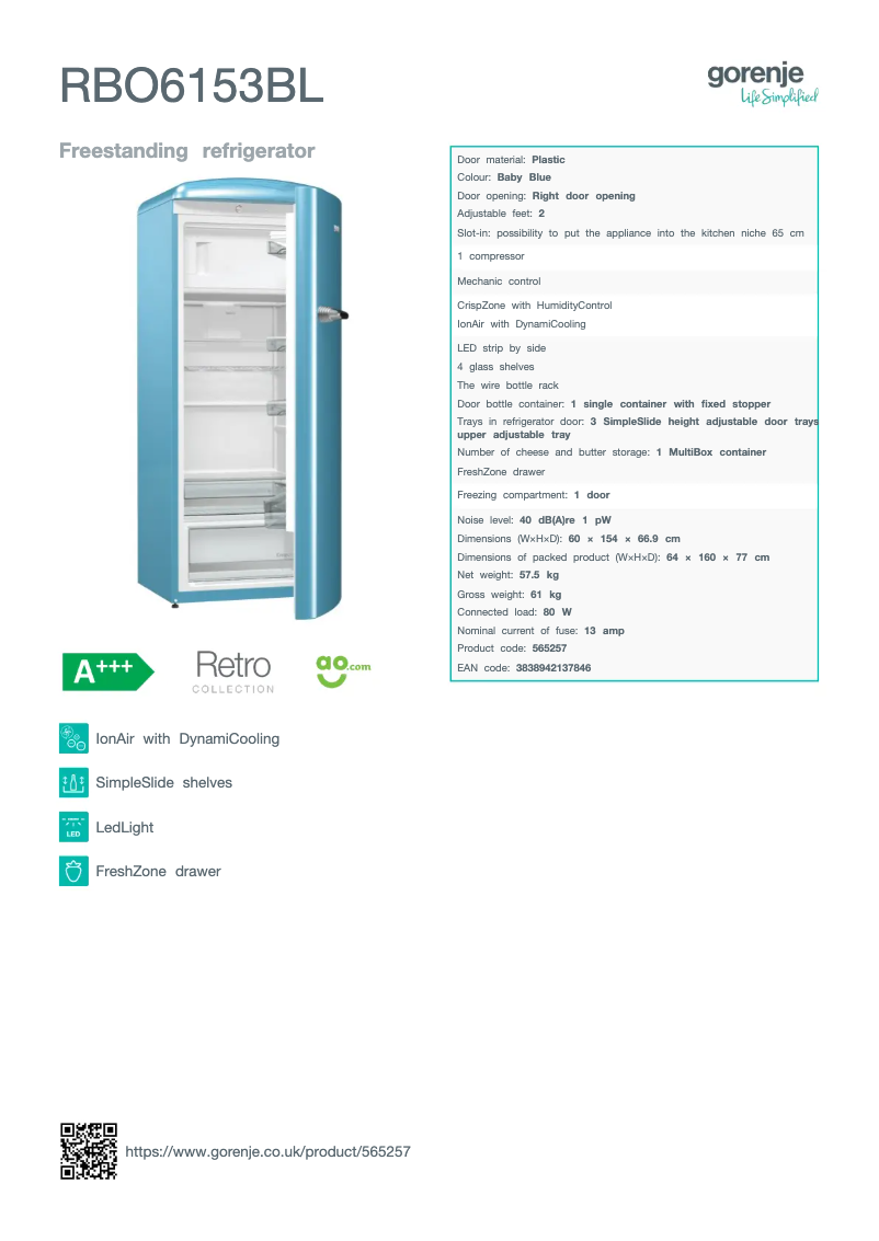 Page n°1 - Fiche technique Gorenje RBO6153BL