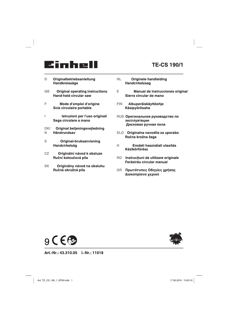 Page 1 de la notice Manuel utilisateur Einhell TE-CS 190/1